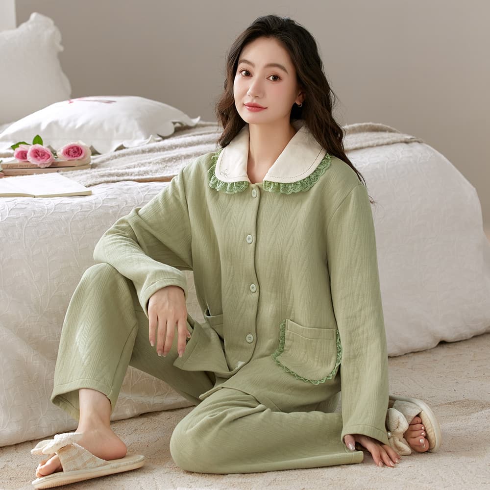 Cotton Lined Pajama Set for Women Long Sleeve Long Pants Turn-Down Collar Winter Warm Comfortable Wear-Out Loungewear