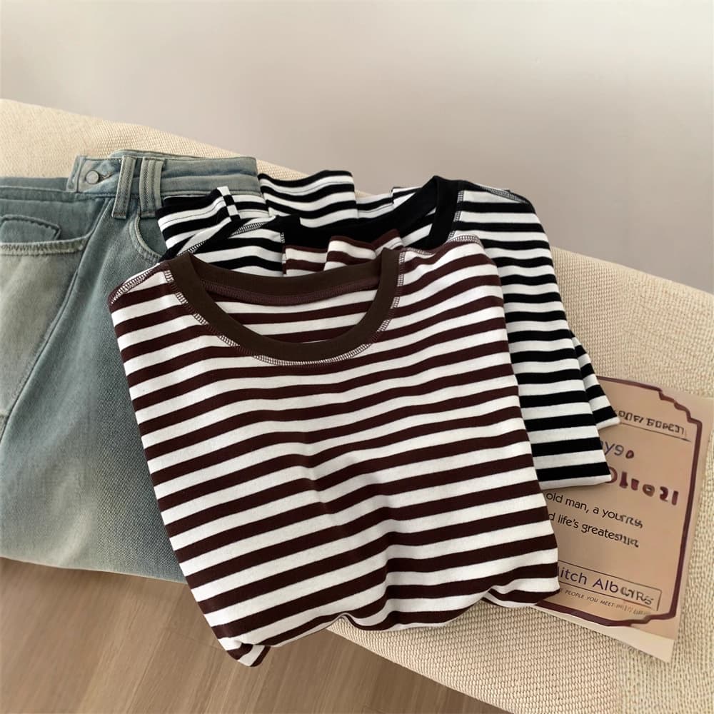 Simple Korean Striped Round Neck Long Sleeve T-shirt Women's Loose Casual Basic Versatile Early Spring New Cotton Bottoming Shirt