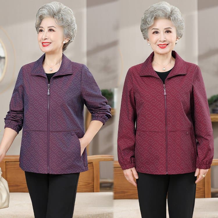 Spring and Autumn Trench Coat for Middle-aged and Elderly Women, Mother's Jacket, Long-sleeved Plus Size Clothing for Grandma
