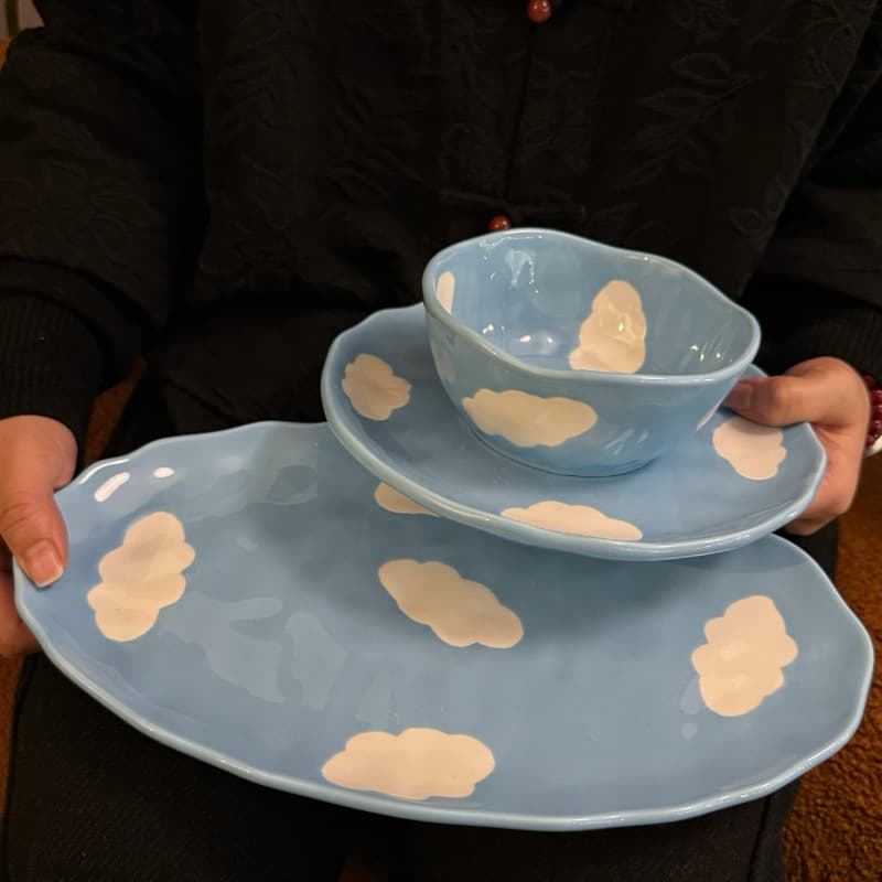 French Vintage Hand-Painted Blue Sky and White Clouds Ceramic Plate, Hand-Pinched Bowl, High-End Coffee Cup and Saucer, Oval Plate