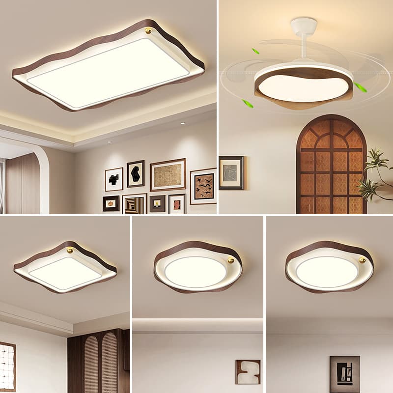 The living room main light has a classic and elegant mid-range style. Zhongshan lighting fixtures are part of a whole-house lighting package, featuring a new walnut wood-colored ceiling light for home decoration.