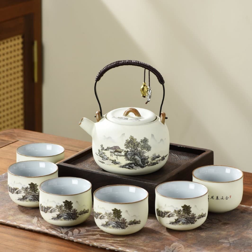 Ding Kiln Mountain Residence Ink Wash Lifting Handle Teapot Set, Teapot and Cups, Office Large Capacity Tea Maker, Ceramic Complete Tea Set