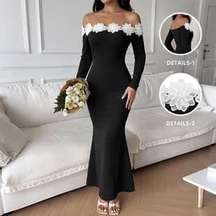 TEMU 2026 New Elegant Mature Style Floral Applique One-Shoulder Long-Sleeve Dress for Women