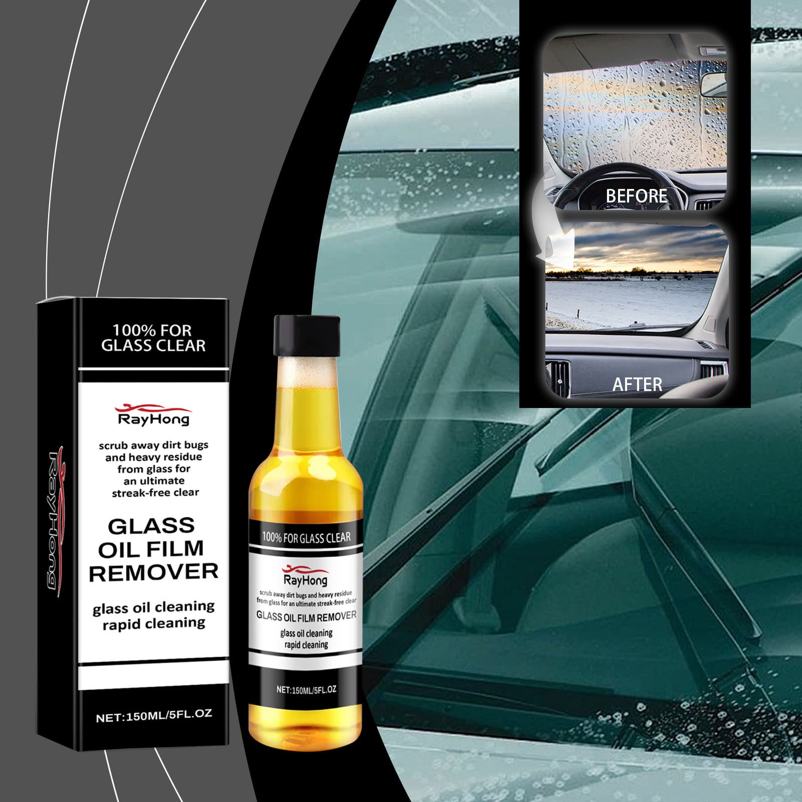 Rayhong Glass Oil Film Remover - Car Windshield Hydrophobic Deep Cleaning Oil Film Anti-Fog Agent