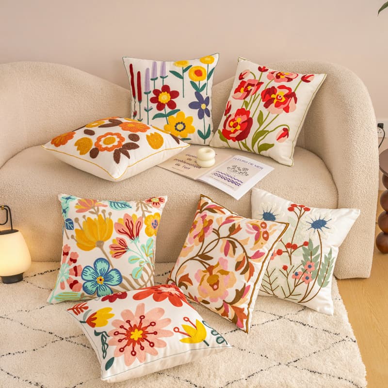 Towel Embroidered Pillowcase Flower Pastoral Style Floral Sofa Pillow Embroidered Bedside Decorative Cushion Office Lumbar Support