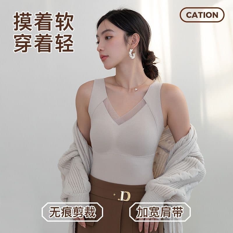 Graphene fleece thermal vest for women, autumn and winter, with fixed cups, padded bra, can be worn as outerwear, fleece-lined and thickened thermal underwear