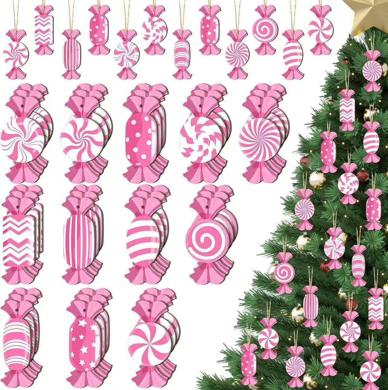 New Christmas pink decorations Christmas pink candy decoration pink white candy wood tree hanging decorations party