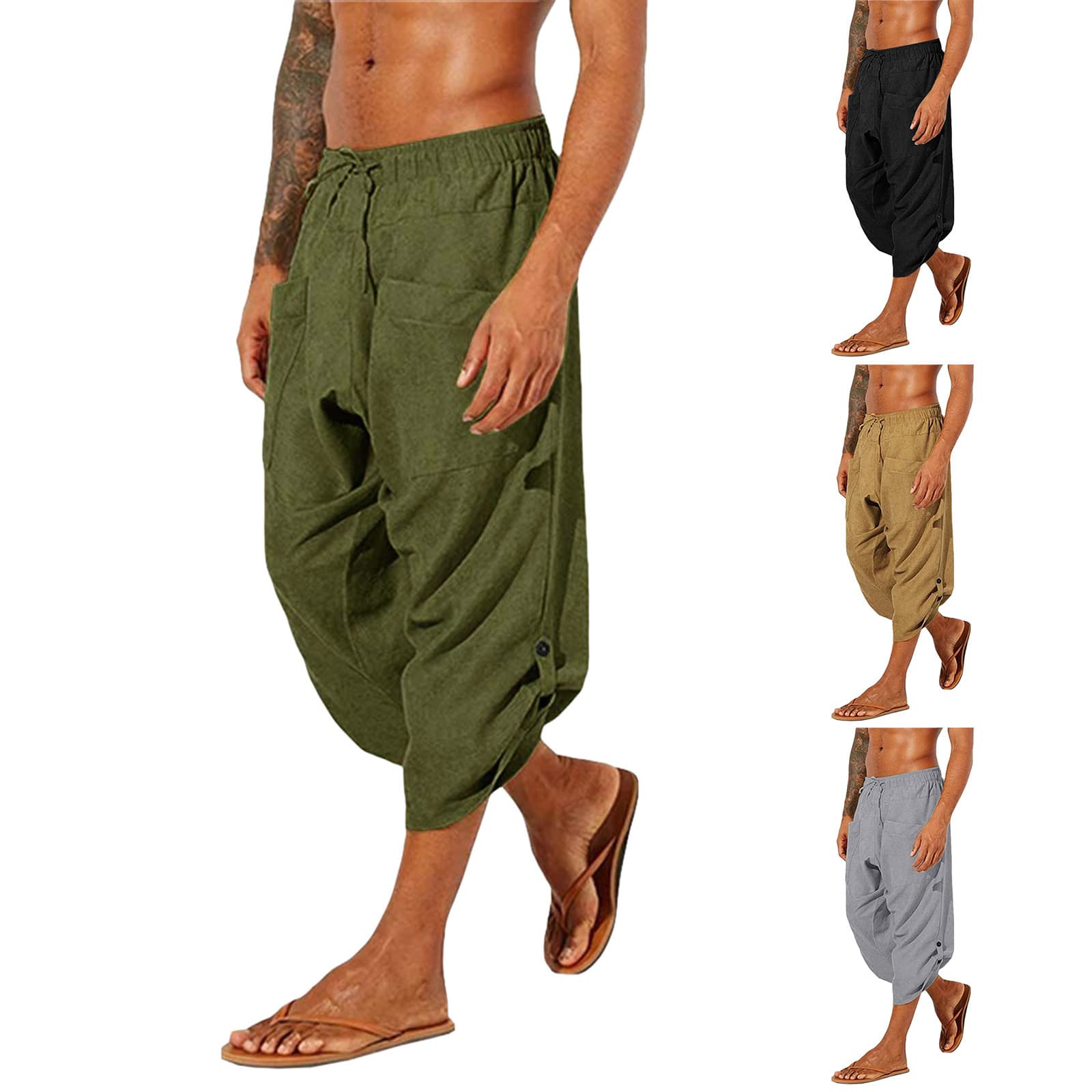 Men's 7/8 Length Casual Loose Fit Drawstring Waist Cotton Bohemian Gym Pants with Pockets