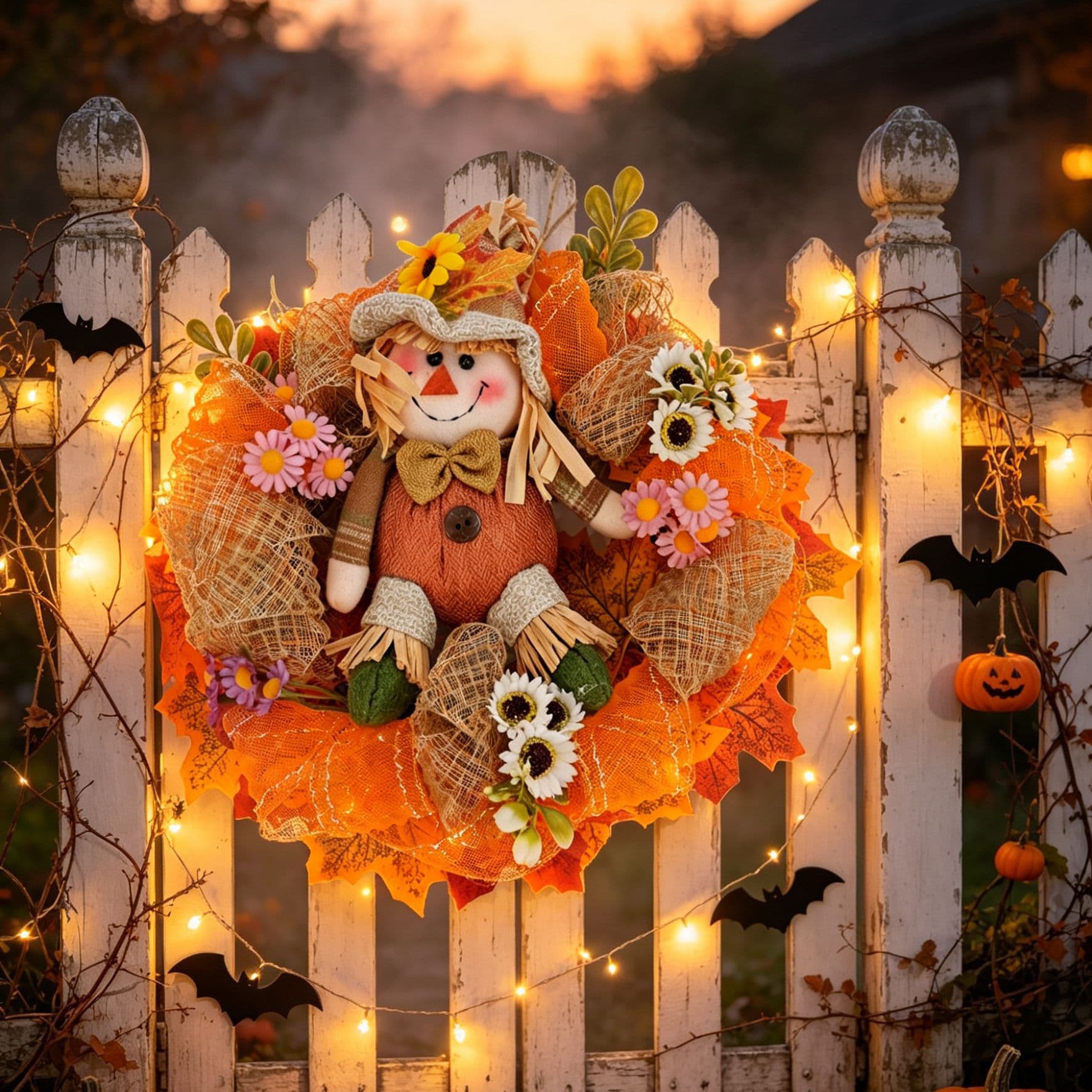 Halloween Scarecrow Maple Leaf Artificial Wreath Thanksgiving Door Hanging Decoration American Style Indoor Wall Hanging Wreath Wholesale