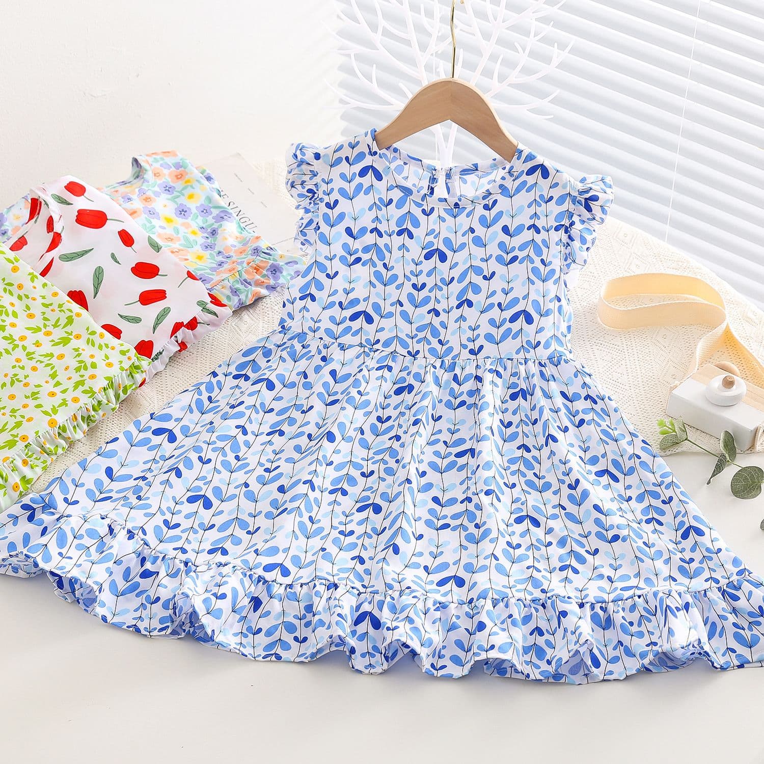 Fresh Sweet Girl's Cotton Silk Summer Thin Fly Sleeve Dress Baby Cool Artificial Cotton Floral Print Dress Princess Style Cake Skirt