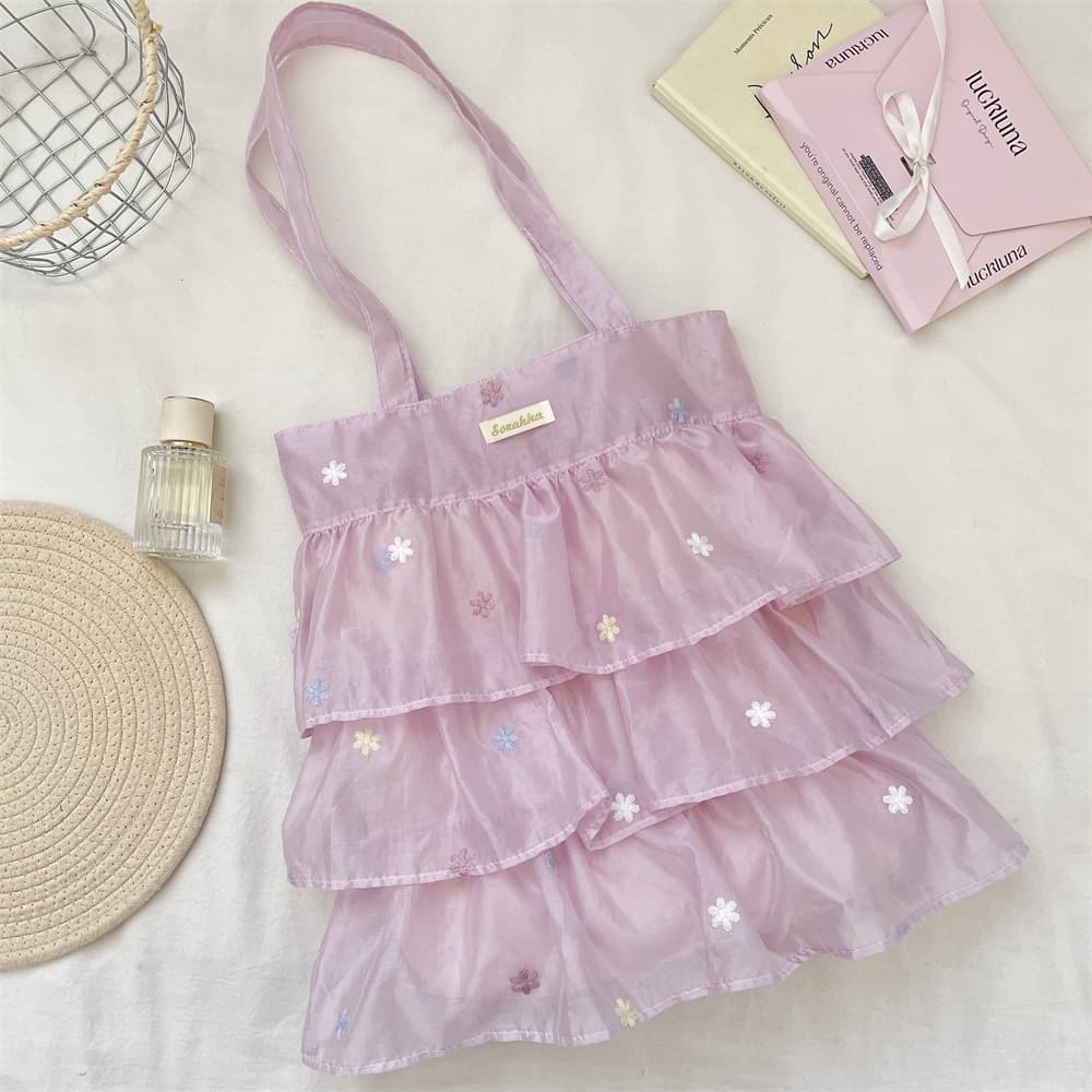 64293 Floral Cake Layer Tote Bag Soft Tulle Ruffle Korean Style Girl Commute School Large Capacity Shoulder Bag