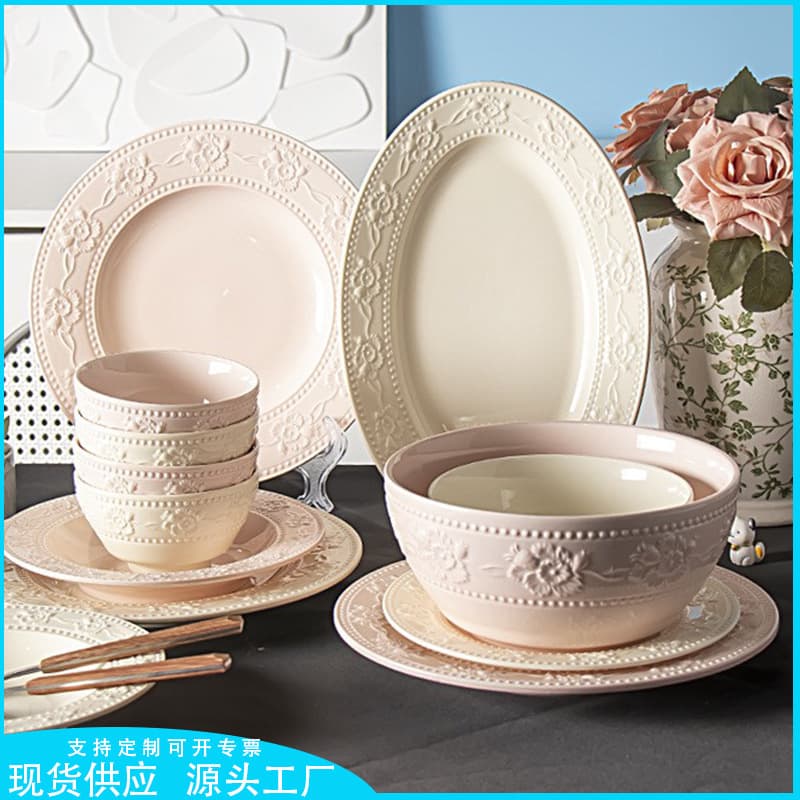 French-style embossed bowl and plate set, ceramic bowls, soup bowls, tableware, household plates, dinnerware, light luxury lace trim