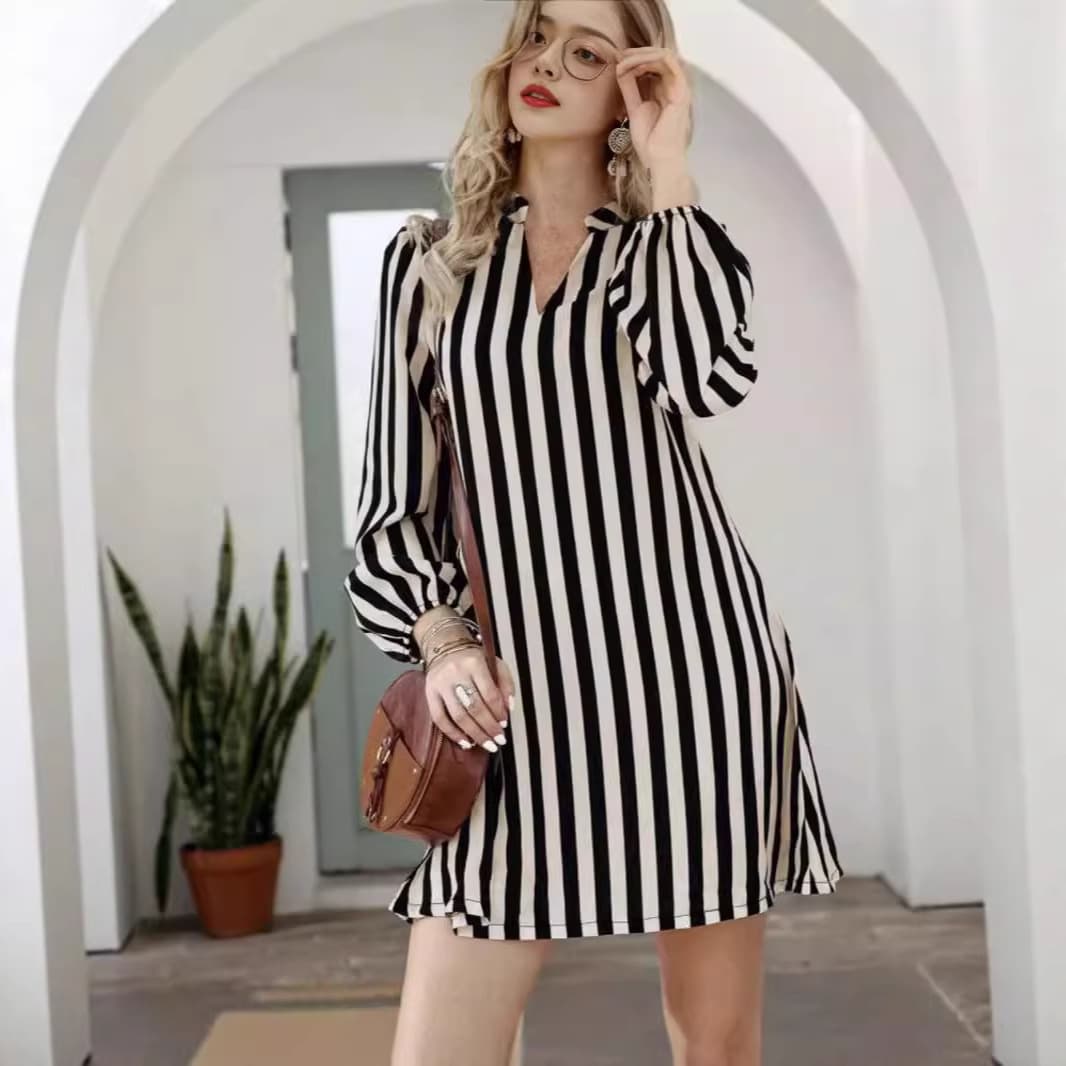 2026 New European and American Style Striped Long Sleeve V-Neck Dress, Casual Knee-Length Slimming Dress, Cross-Border Women's