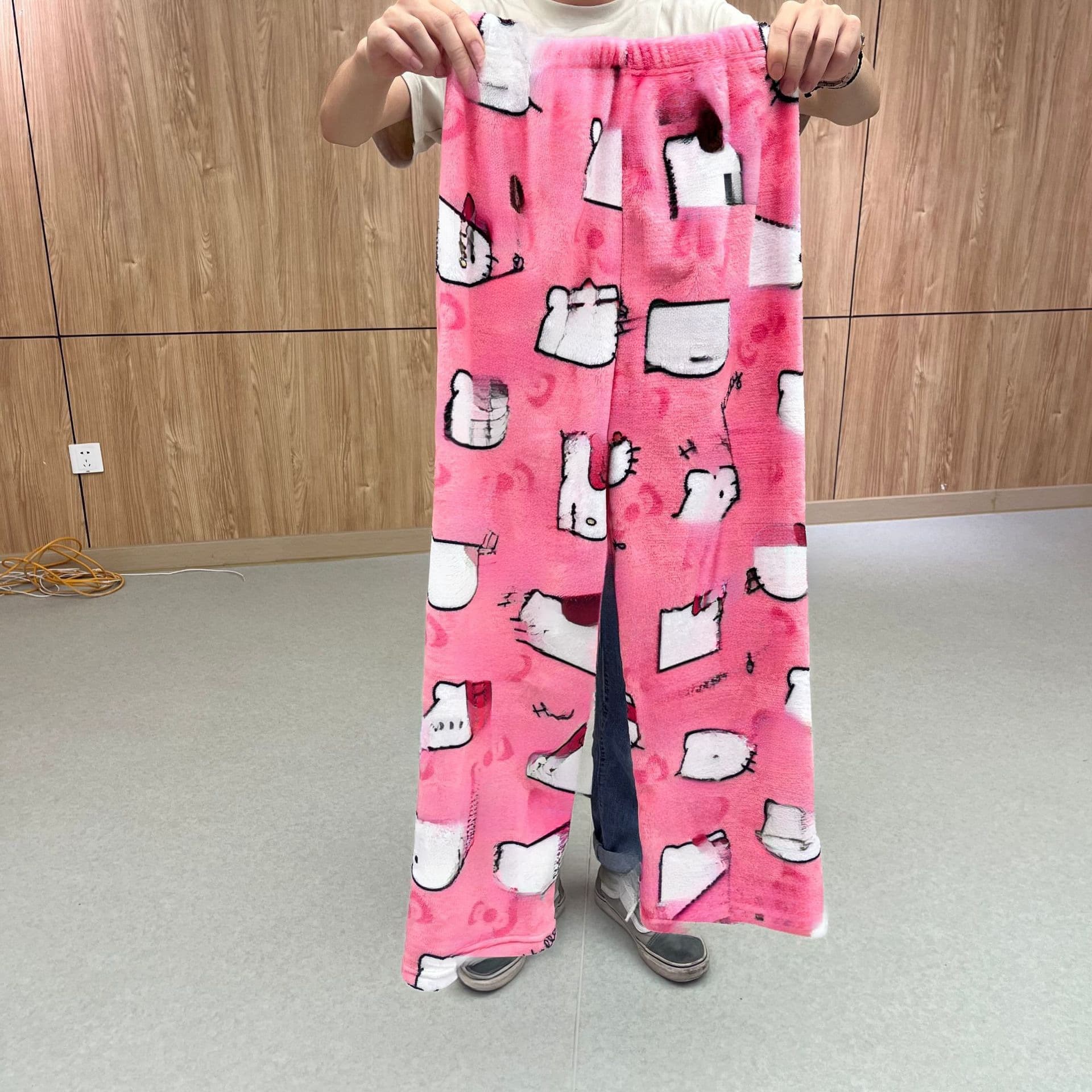 Cartoon Hello Kitty Fleece Pajama Pants for Women, Thickened, Warm, Casual, Flannel, Wear-Out Long Pants for Autumn and Winter