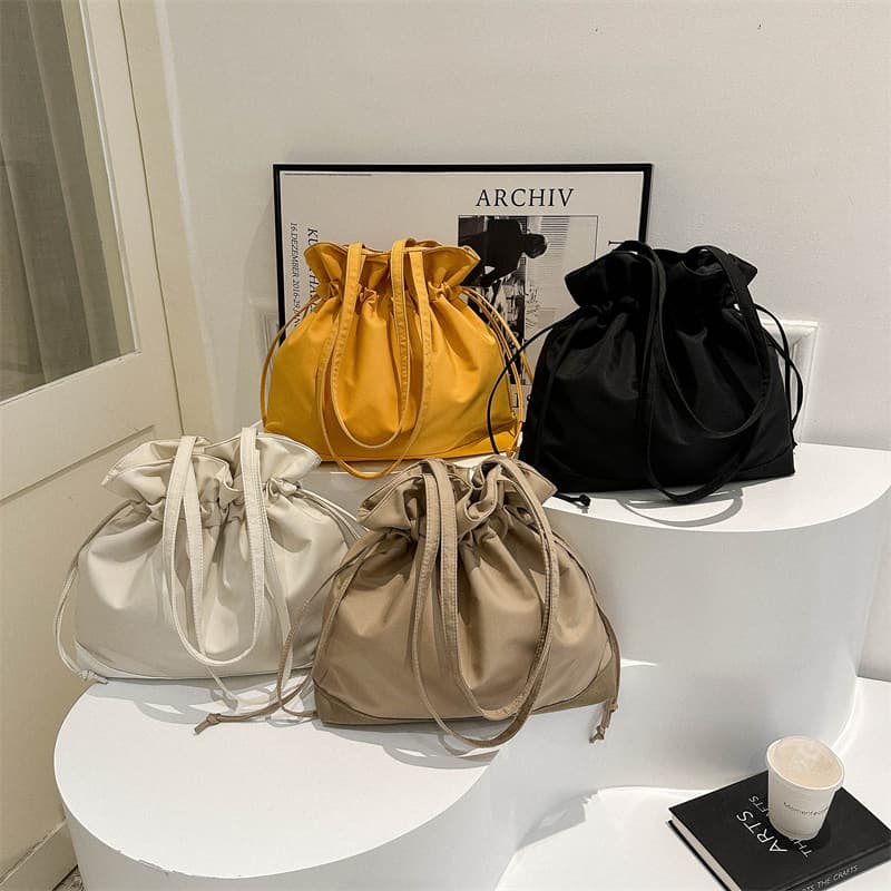 Korean Style Women's Solid Nylon Tote Shoulder Bag, Niche Versatile Drawstring Pleated White Canvas Bag for Women