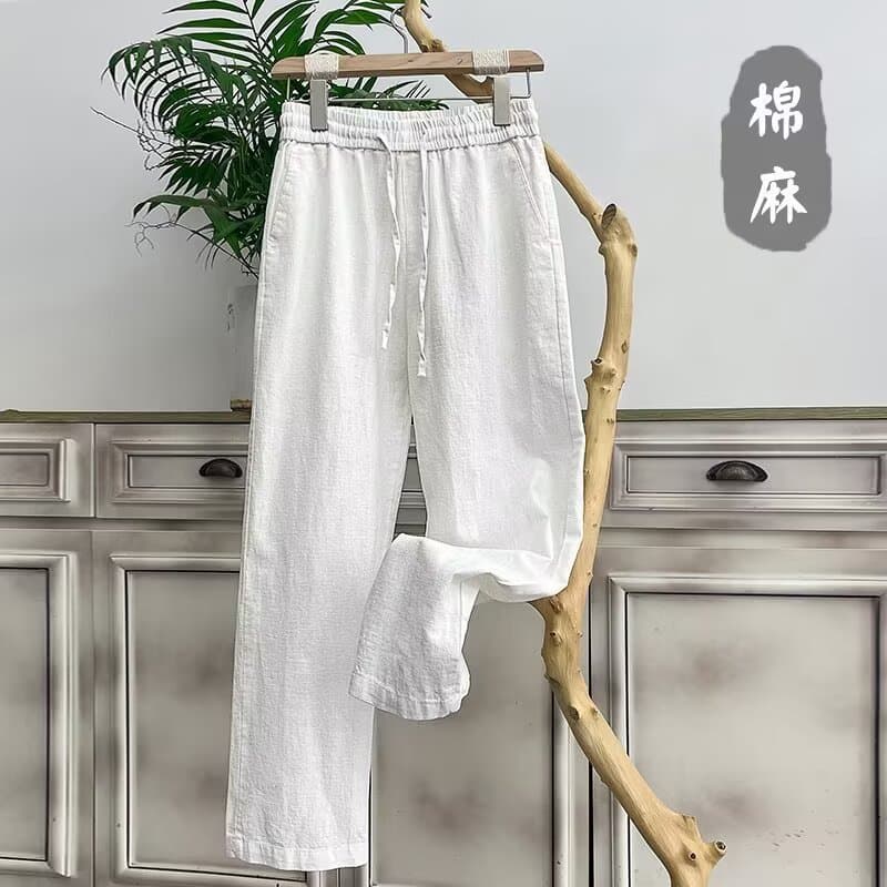 Cotton and linen nine-point pants for men, straight-leg loose summer thin elastic waist white Chinese style linen casual pants for men