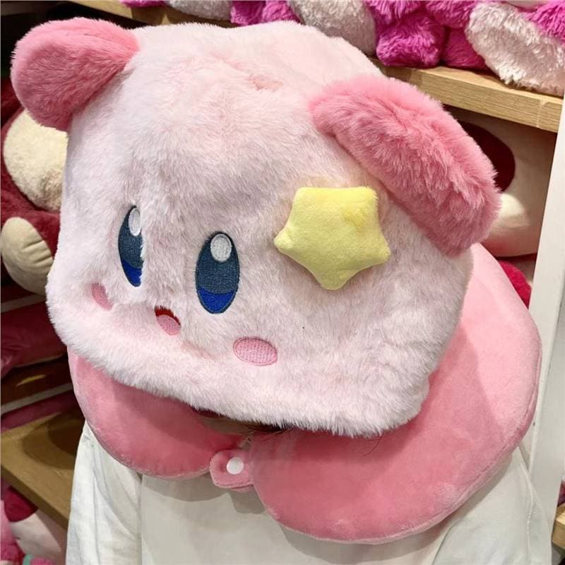 Kirby U-shaped pillow with hood, travel sleep essential neck support pillow cartoon cute pillow