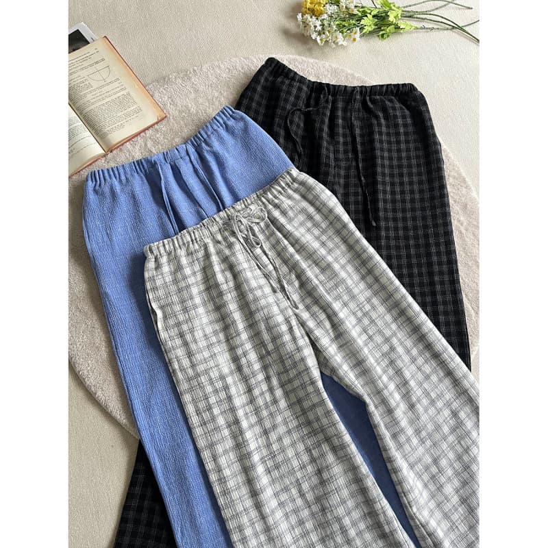 Online Image Salt-Shrink Bubble Pleated Check A-Line Drawstring Casual Pants Plaid Breathable Loose KH165 Special 540