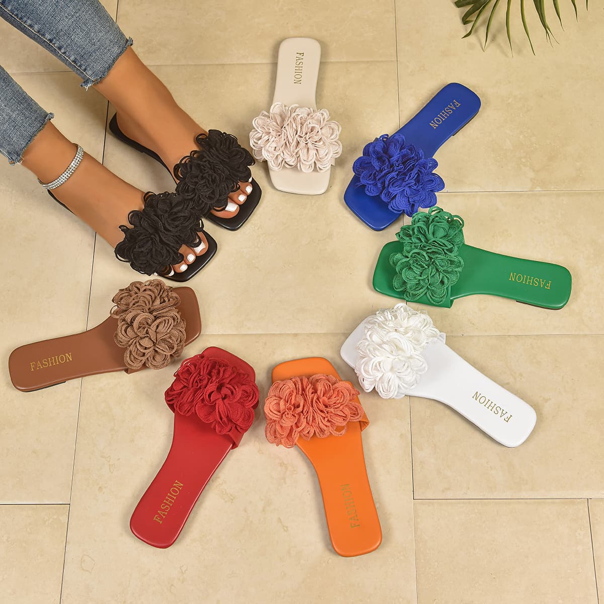 Cross-border large size slippers for women 2025 summer new women's fashion flower casual flat beach sandals