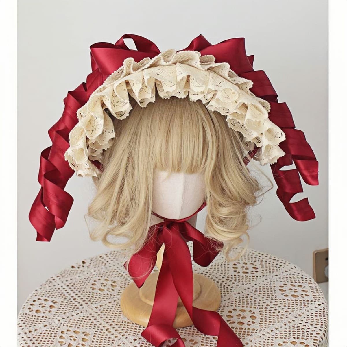Gorgeous Lolita BNT Bonnet BB hat cute doll curled lace doll lace straw hat headband hair accessories