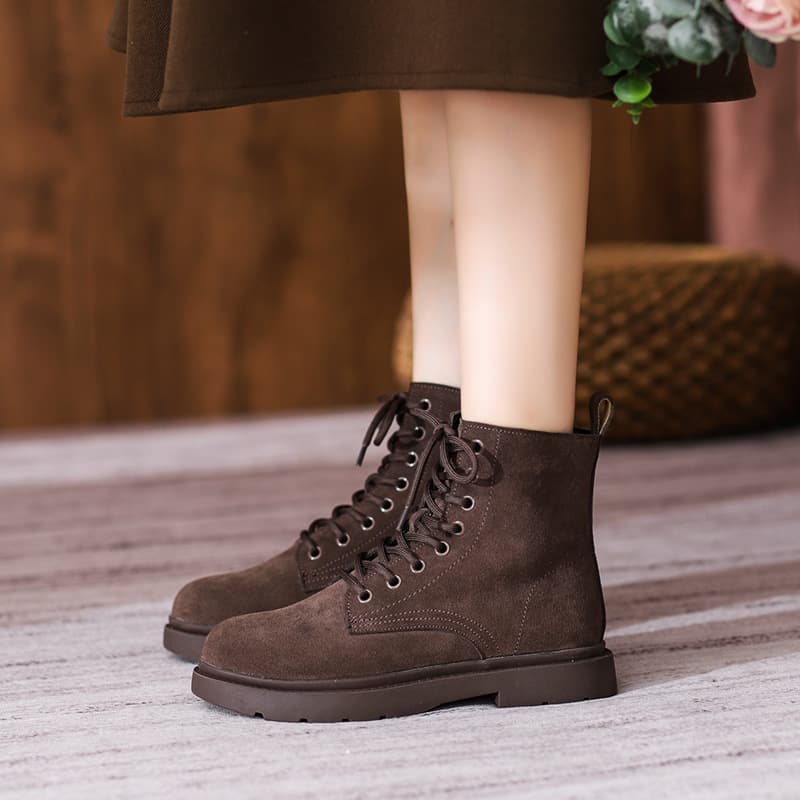 New Genuine Leather Boots 2024 British Style Suede Leather Women's Boots Mid Heel Flat Short Boots Women 8-Hole Martin Boots Women
