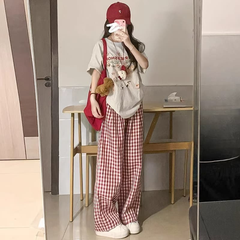 Retro Korean Plaid Wide Leg Pants Women's Spring Summer Loose High Waist Slimming Small Size Floor-Length Pants