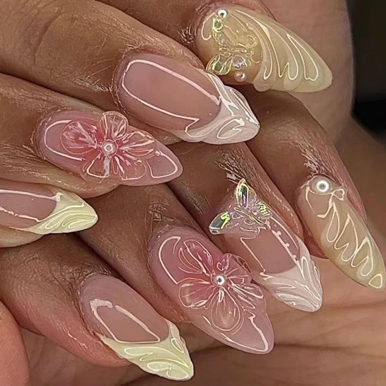 Cross-border Best-selling Almond-shaped Wearable Nails 3D Embossed Floral Butterfly Detachable Press-on Nails Wholesale