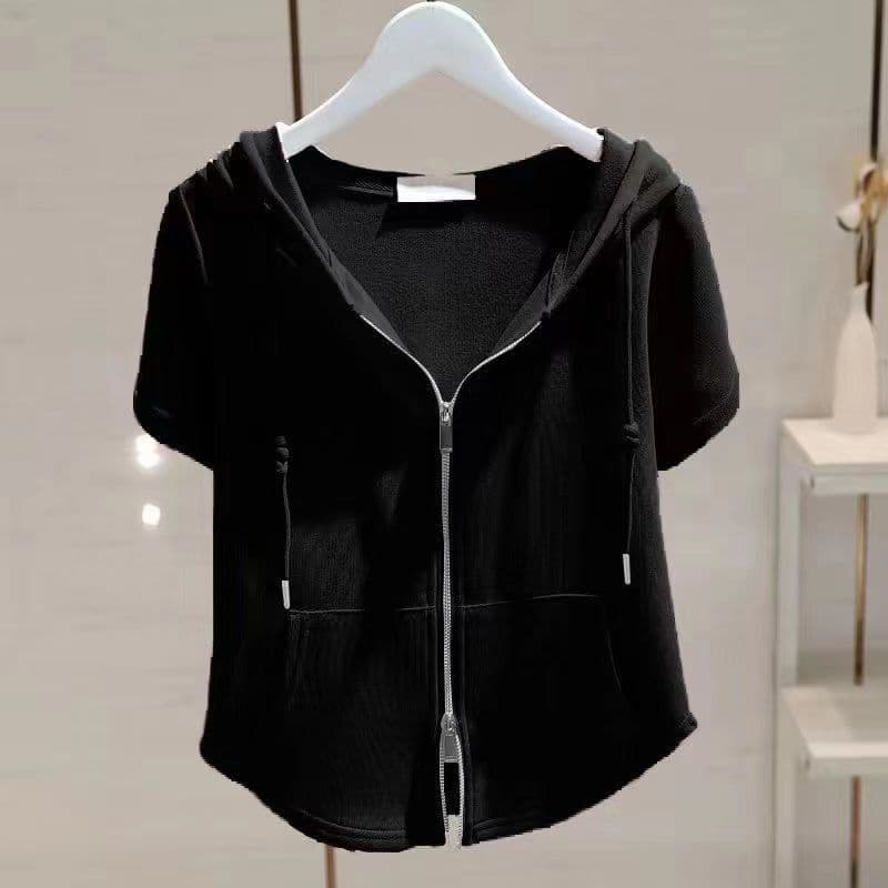New Summer Hooded Short Sleeve Design Sense Plus Size Zip-Up Cardigan Top for Women