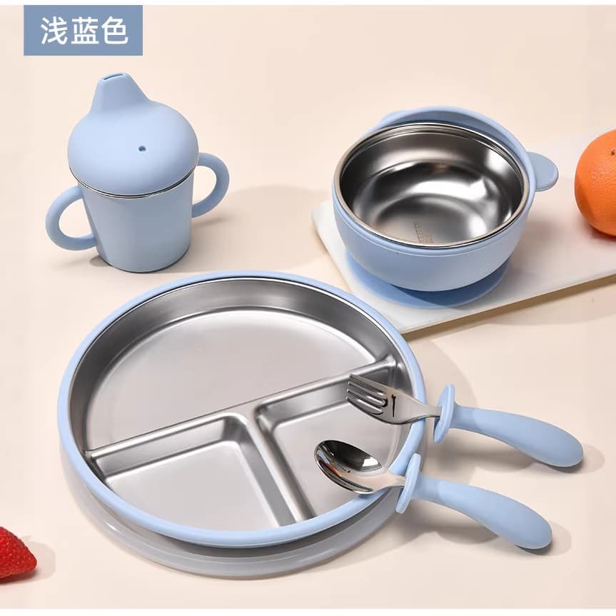 Stainless Steel Children's Supplementary Food Utensils Set Duckbill Cup Fork Spoon Bowl Training Baby Feeding Supplies 6pcs