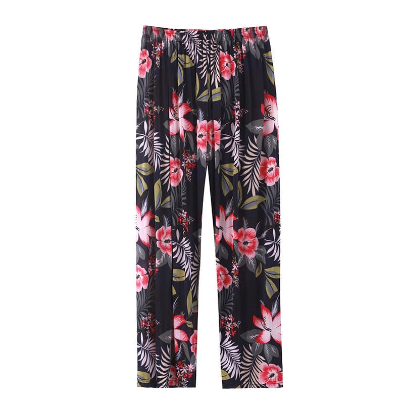 Factory Wholesale Women's Elastic Floral Pants, Plus Size Ankle-Length Straight-Leg Cool Pants for Square Dancing, Casual Home, and Air-Conditioned Wear
