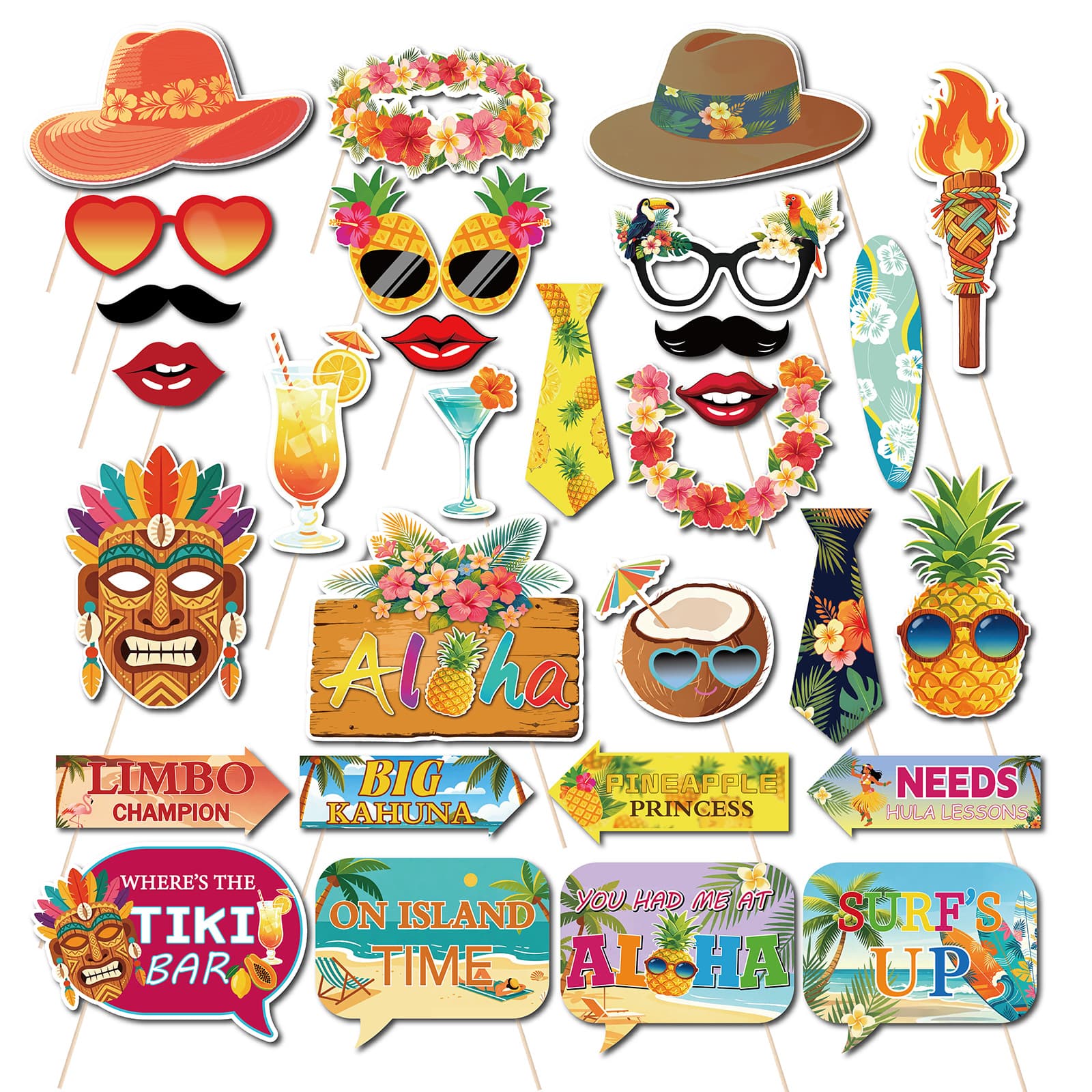 ALOHA Summer Theme Beach Swimming Party Funny Handheld Selfie Photo Props Hawaiian 30-Piece Set