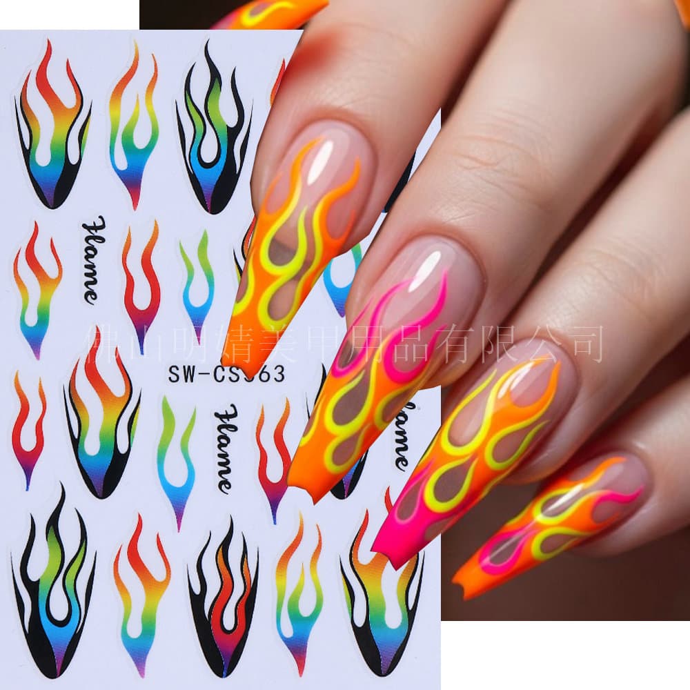 Cross-border hot nail art stickers ins Internet celebrity color gradient English flame adhesive 3D nail adhesive decal