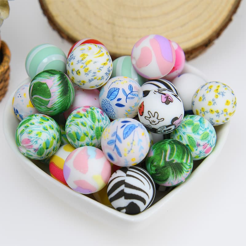 Premium Silicone Beads Baby Teether Colorful Water Transfer 15mm Silicone Beads DIY Pacifier Chain Loose Beads Wholesale