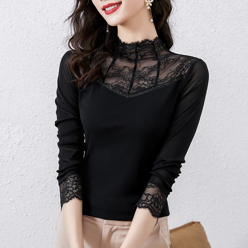 Fashionable Black Lace Mesh Base Top for Women, Spring/Autumn High-End Stand Collar Base Top, Slim Fit and Flattering Stylish Top
