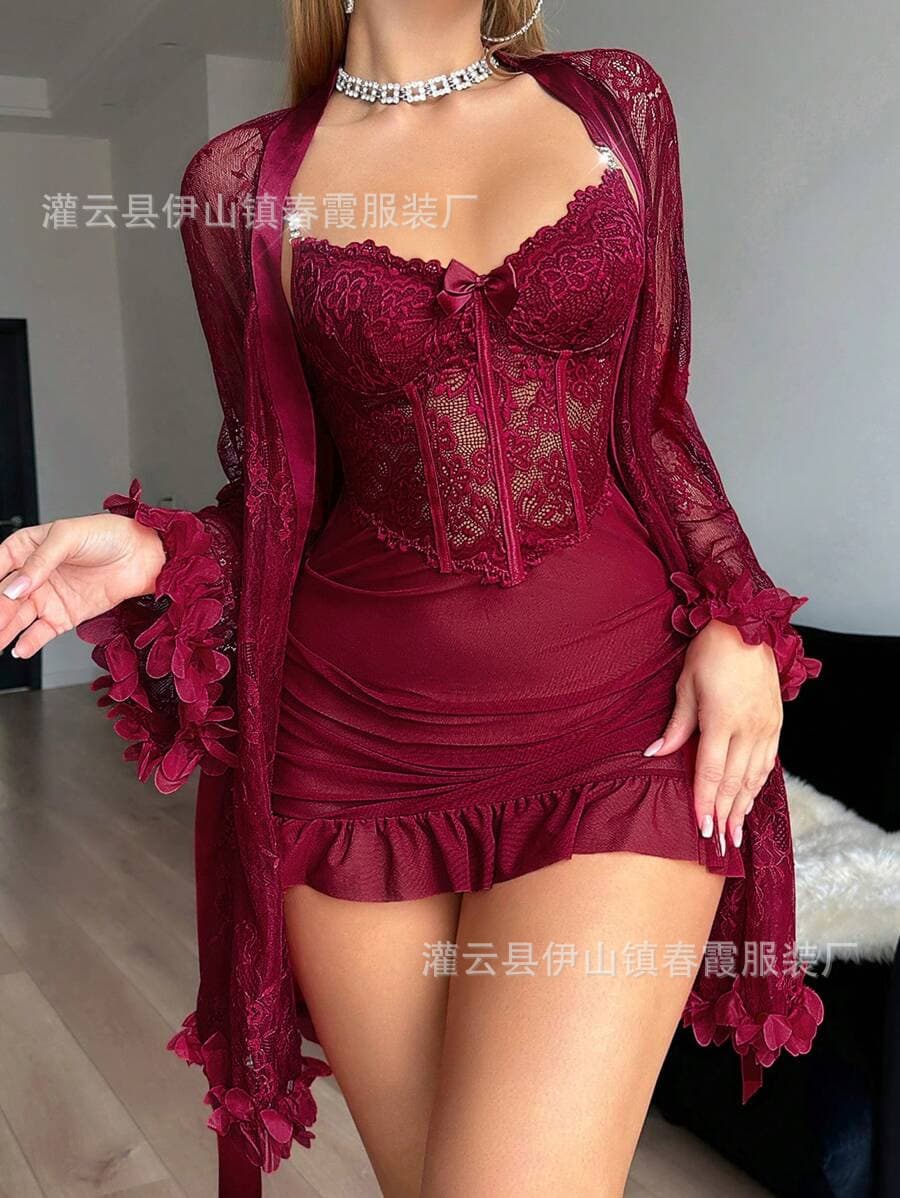 Cross-border Trade 2026 Amazon New Lace Lingerie Mesh Two-Piece Sleepwear Set Sexy Women