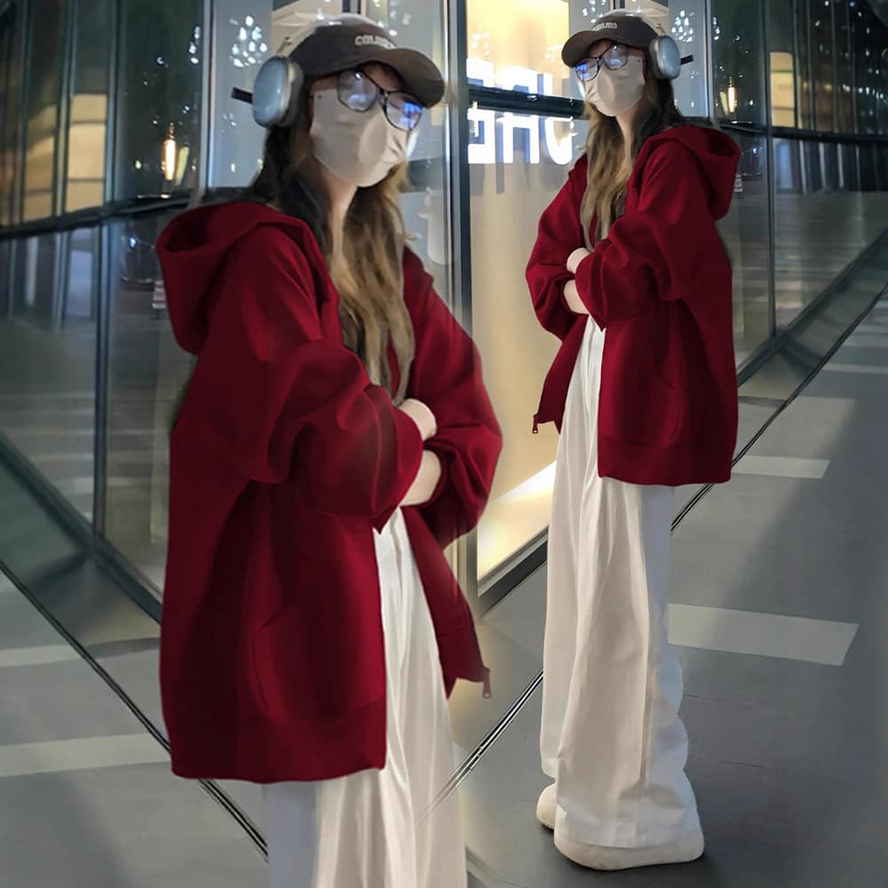 Wine Red Zip-Up Hoodie Sweatshirt Coat Women 2025 New Casual Loose Relaxed Long Sleeve Top