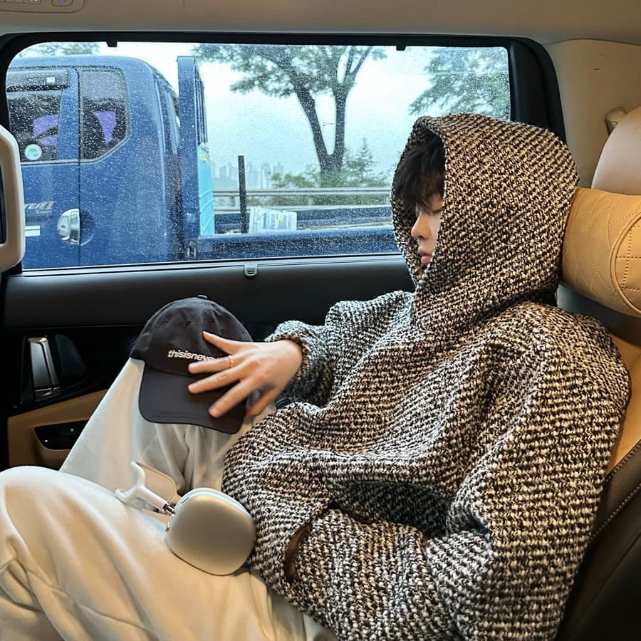 Chanel-style Hooded Sweatshirt for Men, Spring/Fall New Trend, Heavyweight Tweed Knit Pullover, Loose Fit, Versatile Long-Sleeve Top