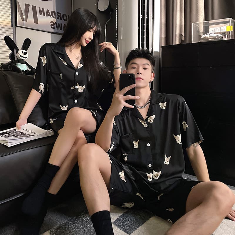 Summer Couple Pajamas Women Ice Silk Short Sleeve Men Thin Plus Size Cartoon Summer Cool Homewear Set