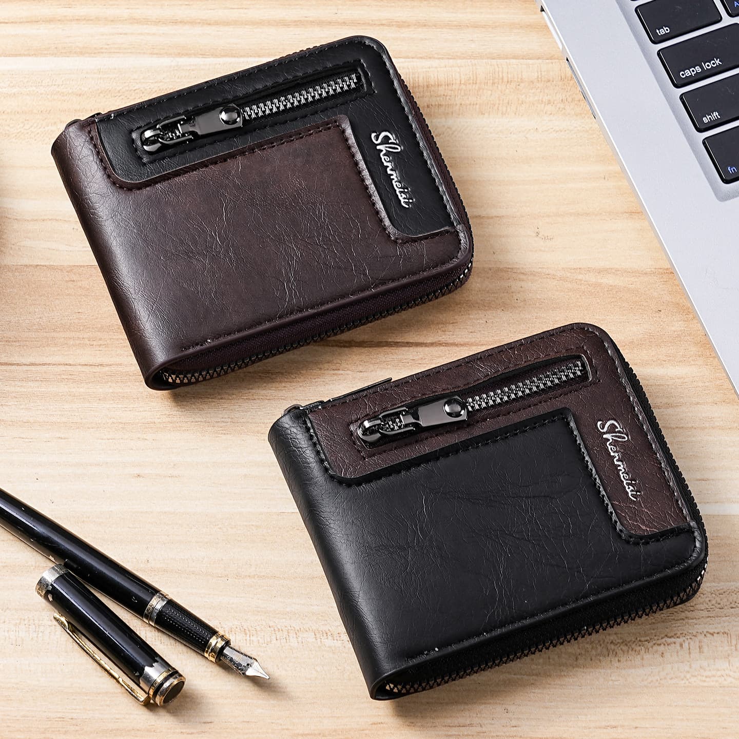 New Men's Short Wallet Minimalist Multi-functional Large Capacity Vintage Zip Around 2 Fold Wallet Cross-border Stock