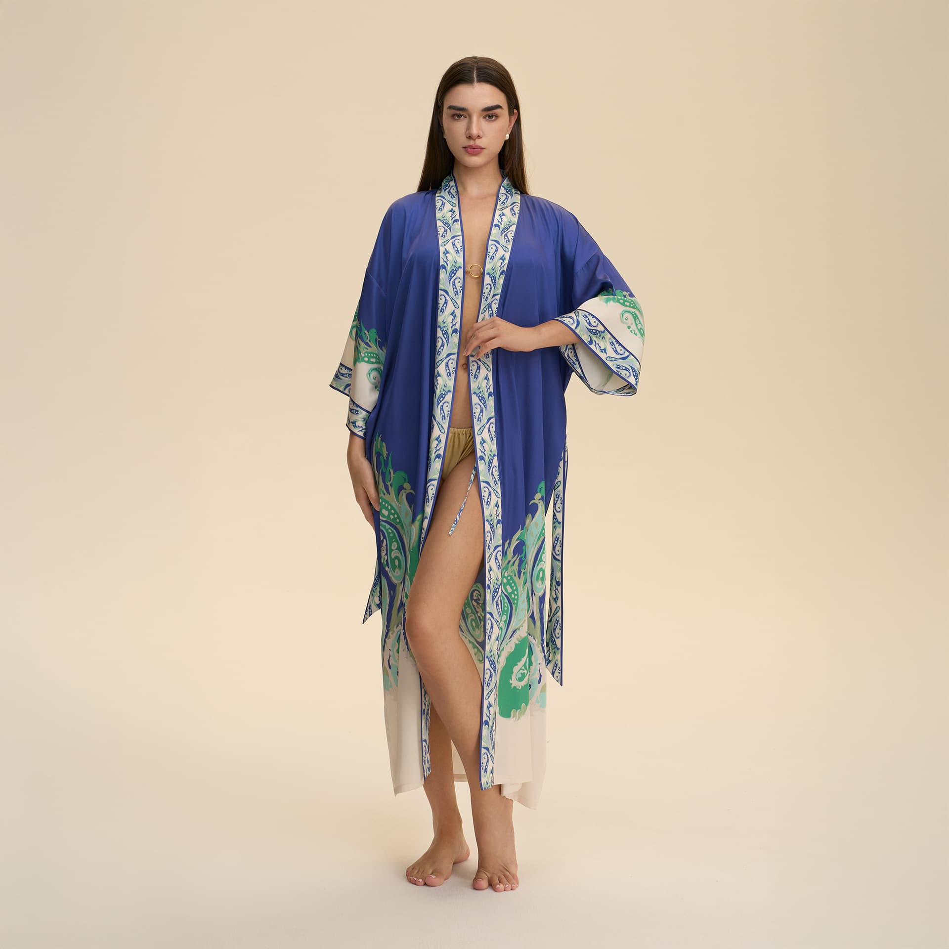 Yaoting Europe-US Cross-Border Long-Sleeve Nightgown Women's Long Loose Comfortable Kimono Robe Printed Homewear WP3982