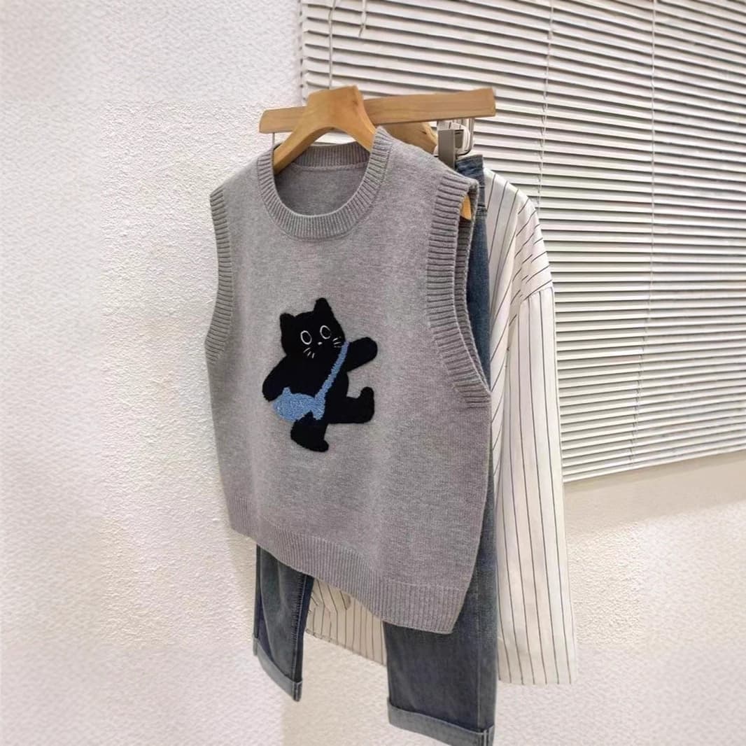 Children's Vest Autumn/Winter Outerwear Chic 2025 New Boys and Girls Vest Coat Cat Knit Sweater Cartoon