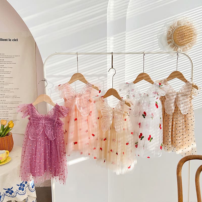 Korean style flying sleeve three-dimensional wings girls dress 2025 summer polka dot baby girl mesh skirt puffy princess dress
