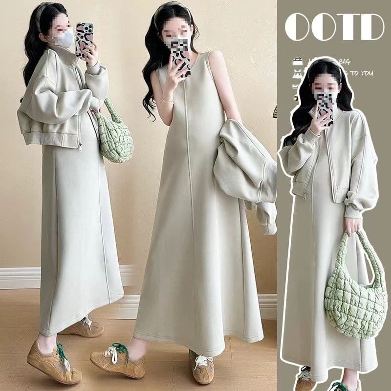 Maternity Wear Autumn New Fashion Chic Hoodie Jacket Vest Dress Two-piece Clothes Autumn/Winter Set