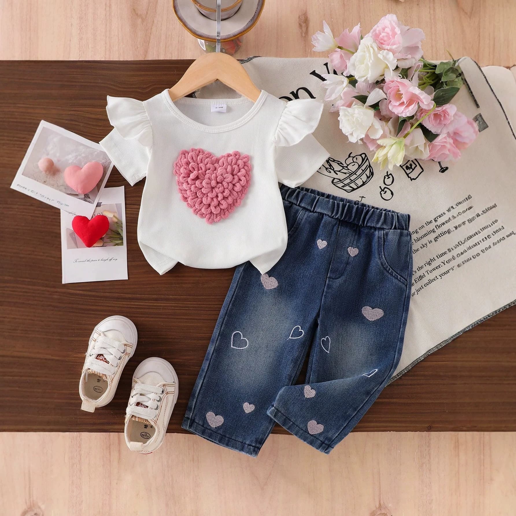 Cross-Border Girls' Toddler Summer Flutter Sleeve 3D Pom-Pom Heart Short-Sleeve Top with Embroidered Denim Long Pants Two-Piece Set