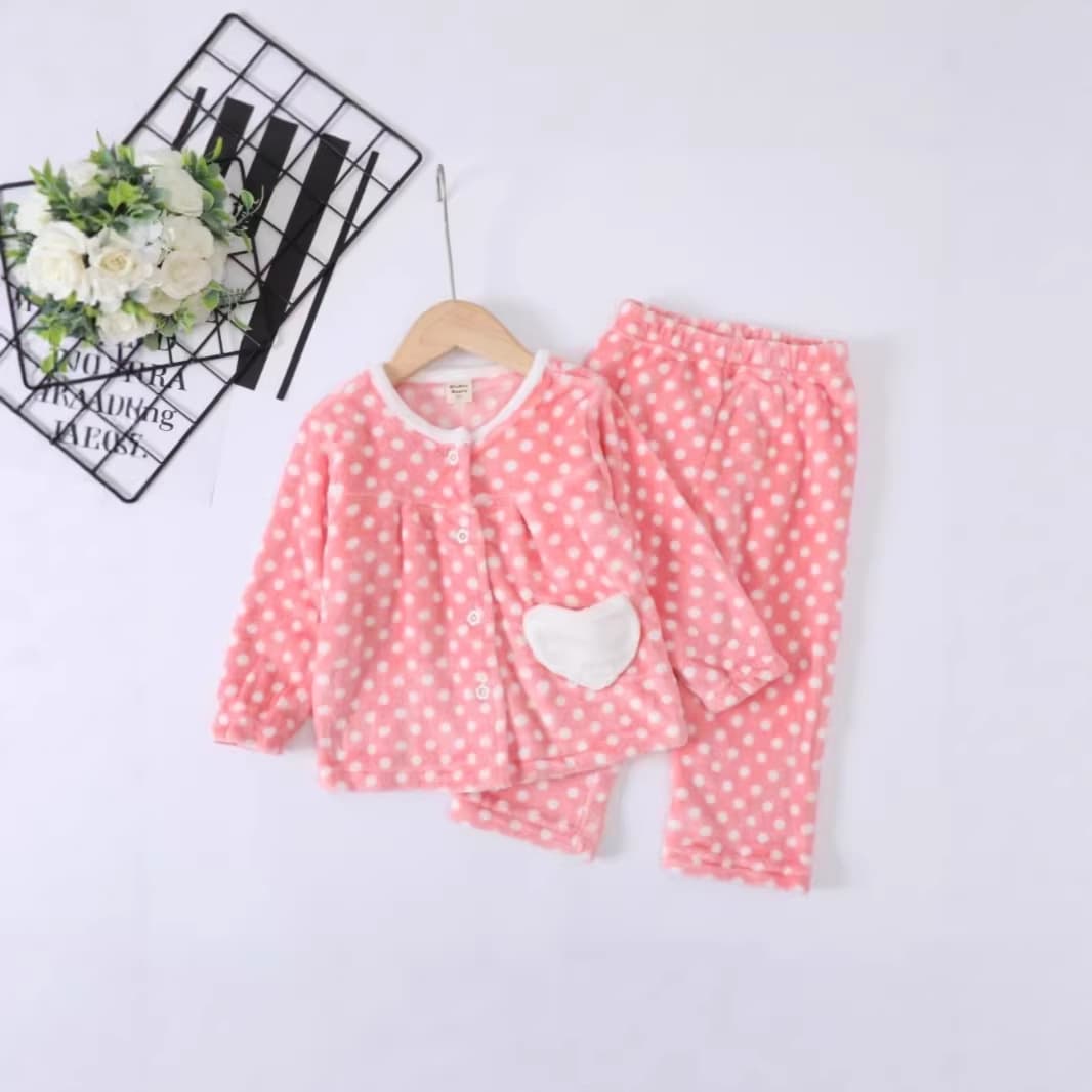 Polka-dot children's pajamas set winter new girls soft plus velvet thickened flannel baby girl warm home clothes