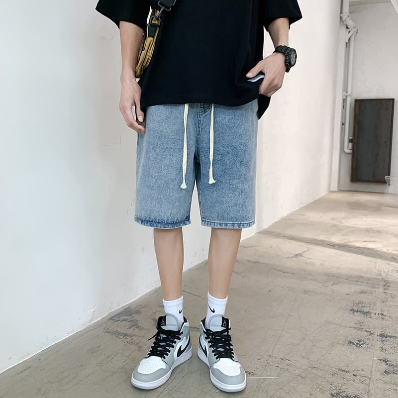 Muxi Clothing #Summer Trendy Denim Shorts, Ins Style, Elastic Waist, Light Blue, Loose Fit, Unisex, Five-Point Pants
