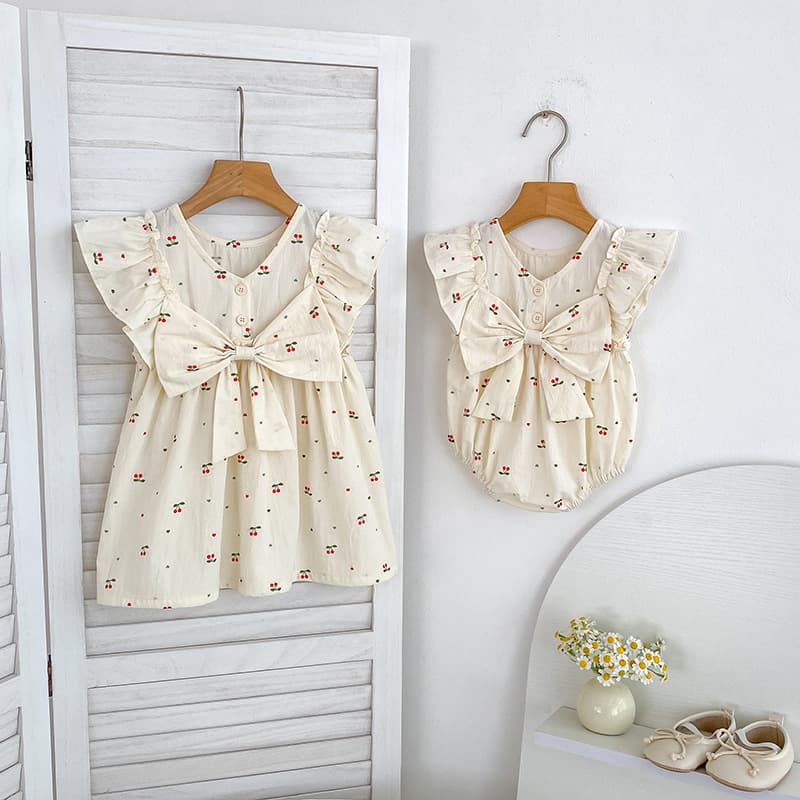Baby Girls Summer Cherry Print Butterfly Bow Princess Dress Sibling Set