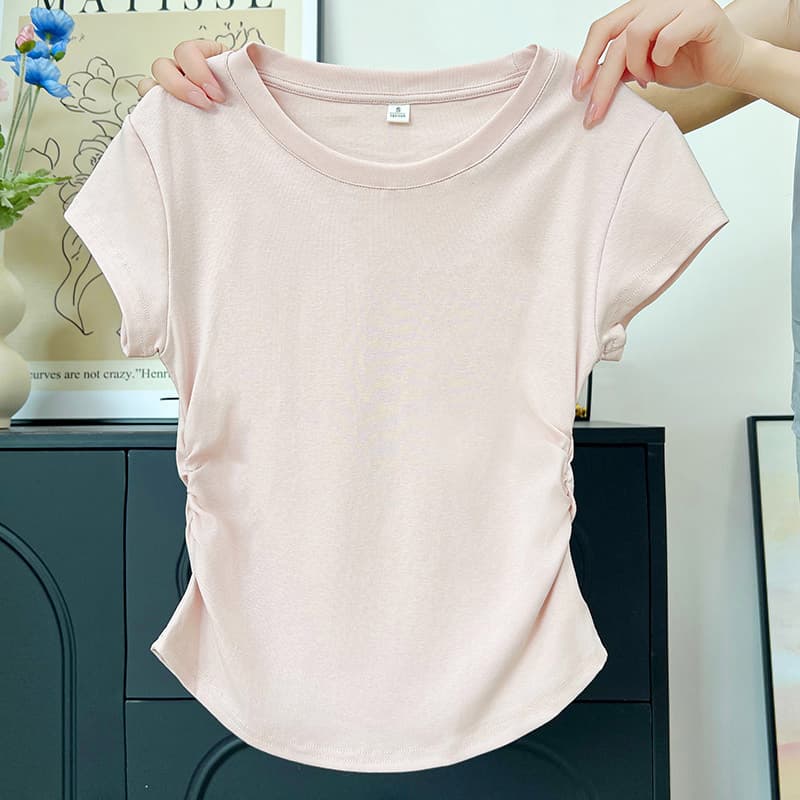 H595-593 Women's Summer Thin New Fitted Waist Slimming Top with Design Sense, Short Sleeve Crop Top