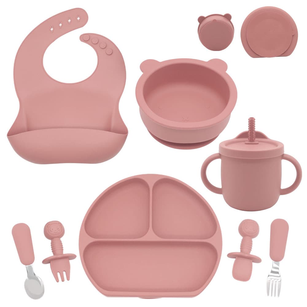 Kids Silicone Dinnerware Set 8-Piece Bib Divided Plate Bear Bowl with Teething Straw Cup Stainless Steel Spoon Fork