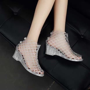 Korean Crystal Sandals Women's Mesh Heels Hollow Jelly Thick Sole High Heel Breathable Crystal Peep Toe Wedge Sandals